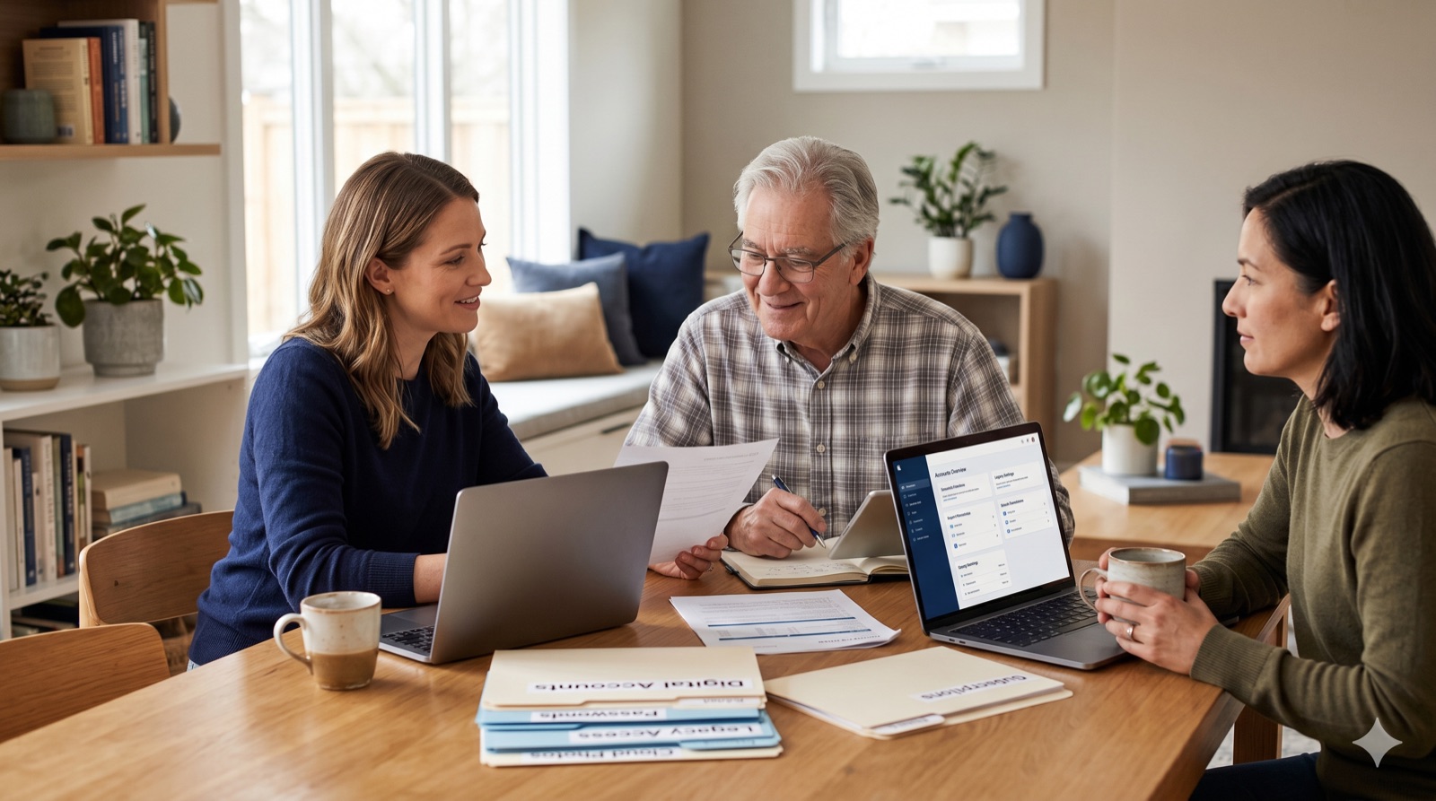 Three adults review digital accounts, legacy settings, and folders together at a kitchen table with laptops, paper records, and labeled files.